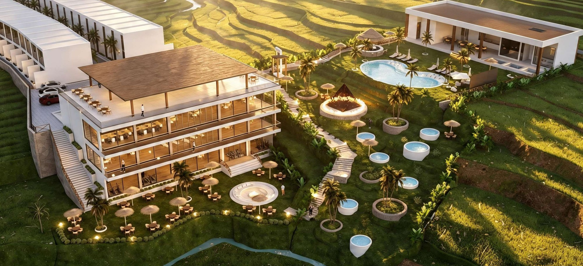 Setting among the rice fields, rendering
