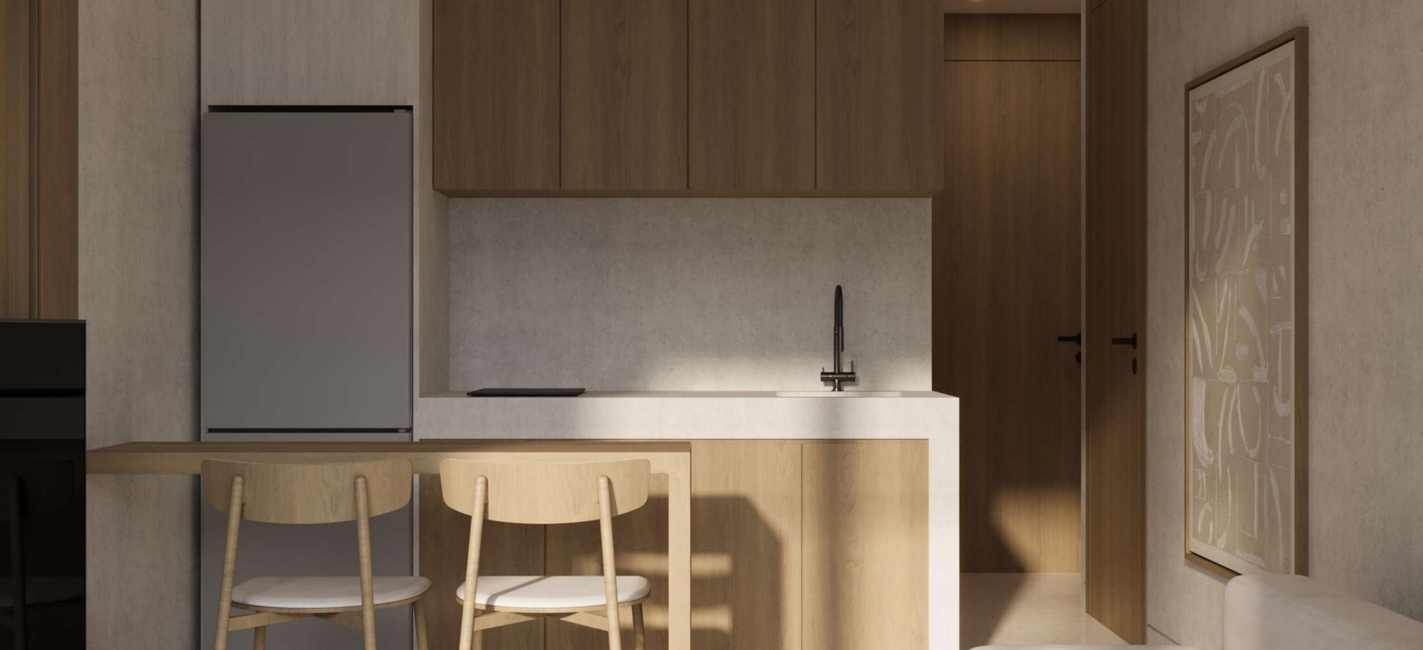 Townhouse kitchen and living space, rendering